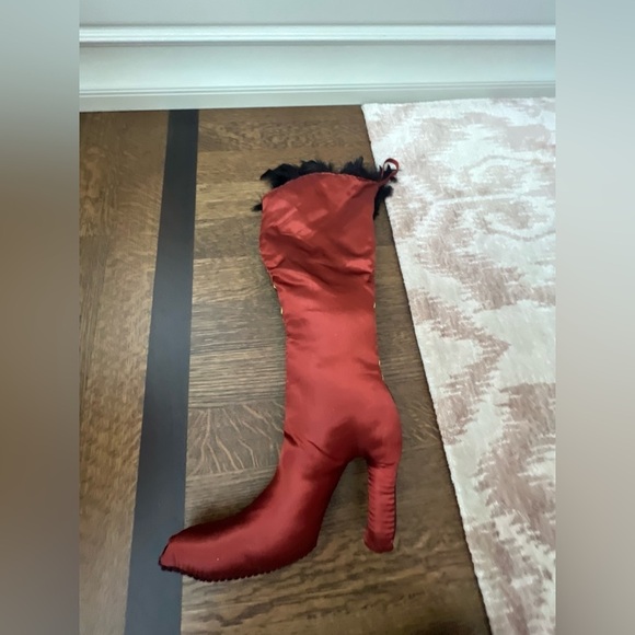 Vintage Early 2000’S High Heel Boot CHRISTMAS Stockings Decor Fabric Feather X 4 - Picture 7 of 8